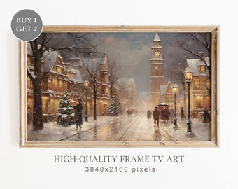 Navidad Samsung Frame TV Art, Pintura de la ciudad vintage durante Navidad, Decoración navideña, Pintura de vacaciones de invierno, Arte de TV digital