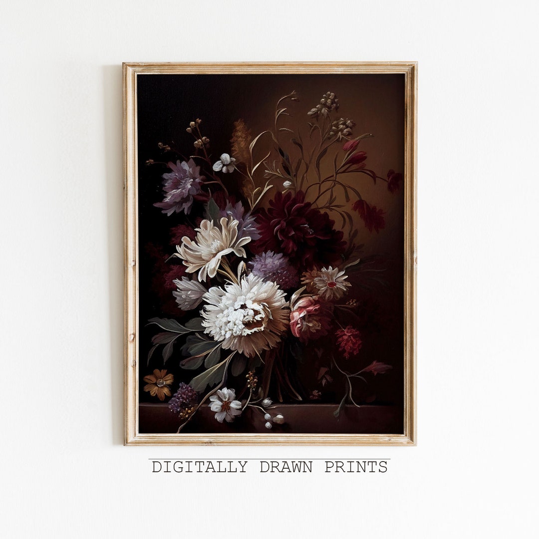 Dark Flower Painting, Printable Art, Moody Floral Wall Art, Dark ...