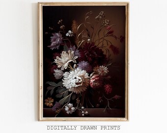 May include: A framed digital art print of a dark background with a bouquet of white, purple, and red flowers. The flowers are arranged in a vase and the background is a dark brown color.