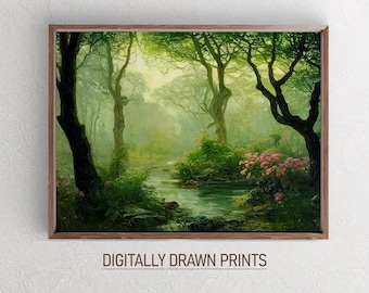Rustic Cottage Forest Oil Painting, Vintage Moody Wall Art, Art Digital Download
