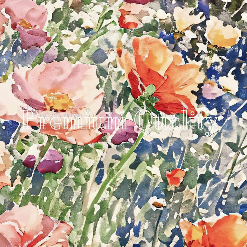 Pode incluir: Uma pintura em aquarela com um padr&atilde;o floral com flores rosa, vermelhas e laranja. As flores s&atilde;o cercadas por folhas verdes e um fundo azul e branco.
