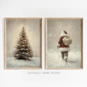 Printable Vintage Christmas Wall Art, Neutral Set of 2 Farmhouse Christmas Decor Wall Art, Winter Holiday Paintings, Christmas Prints Set
