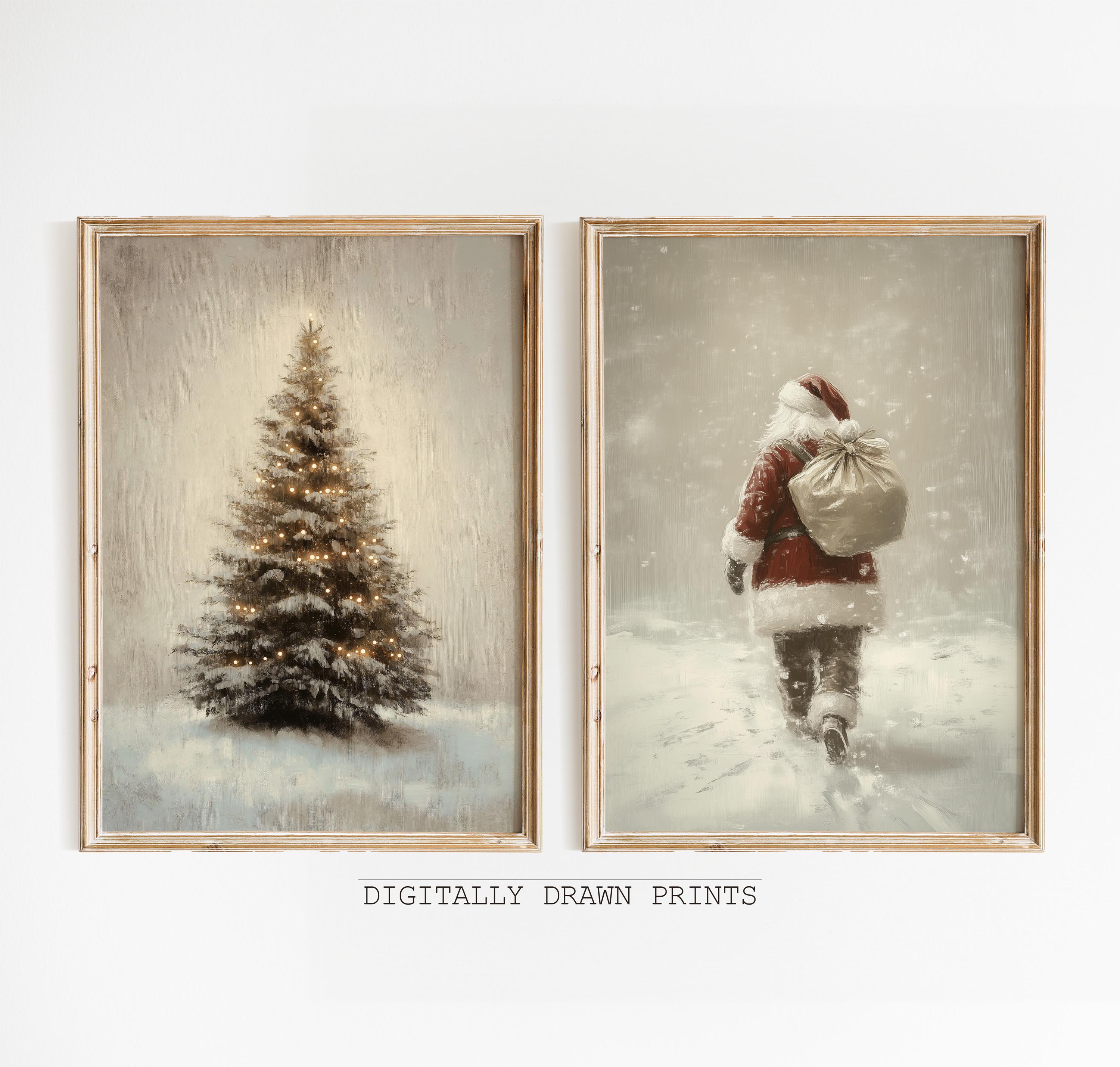 Printable Vintage Christmas Wall Art, Neutral Set of 2 Farmhouse Christmas Decor Wall Art, Winter Holiday Paintings, Christmas Prints Set