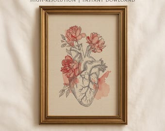 Neutral Valentine's Day Printable Wall Art, Floral Heart Printable, Romantic Line Art with Roses, Minimal Vintage Love Decor