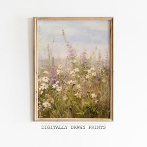Printable Wildflower Field Landscape Vintage Oil Painting, Spring Print, Farmhouse Print, Neutral Wall Art, Spring Art, Digital Download