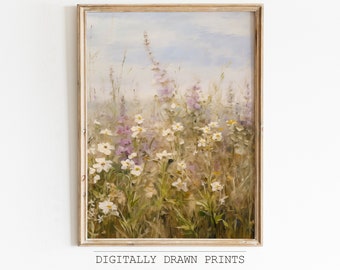 May include: A digital painting of a field of white wildflowers with purple accents. The flowers are in the foreground with a hazy blue sky in the background.