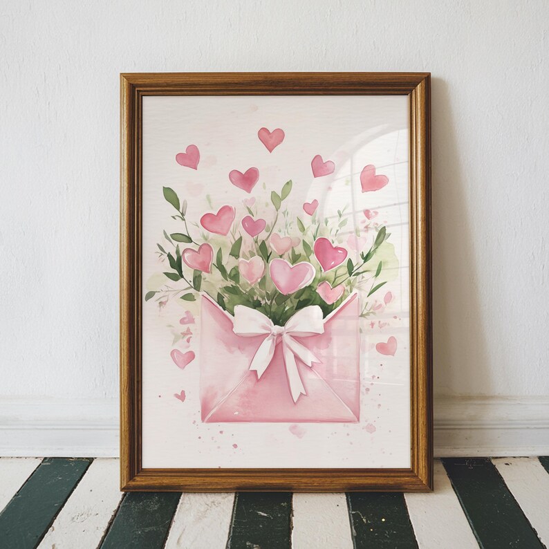 Pink Hearts Envelope Watercolor Printable Wall Art, Valentine’s Day ...