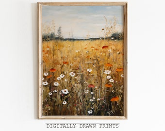 Peinture à l’huile imprimable de paysage de champ de fleurs sauvages d’automne, maison de ferme vintage, décor d’automne, paysage de champ de campagne, téléchargement numérique d’art