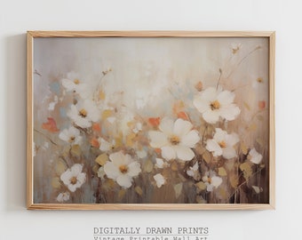 Vintage Flowers Printable Wall Art, Antyczny obraz olejny z kwiatami, Wiosenny botaniczny wydruk wiejski, Neutralny wystrój wiktoriański, Pobieranie cyfrowe