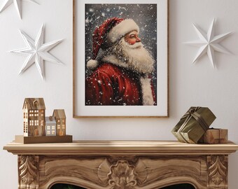 Vintage Santa Portrait Wall Art, Snowy Printable Christmas Art