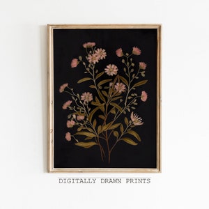 Estampado floral oscuro, Academia oscura, Estampado de flores silvestres, Pintura cambiante, Estampado botánico negro, Obra de arte de flores vintage, Descarga digital de arte