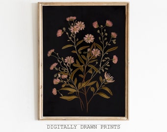 Dark floral print, Dark Academia, Wildflower print, Moody painting, Black Botanical Print, Vintage Flower Artwork, Art Digital Download