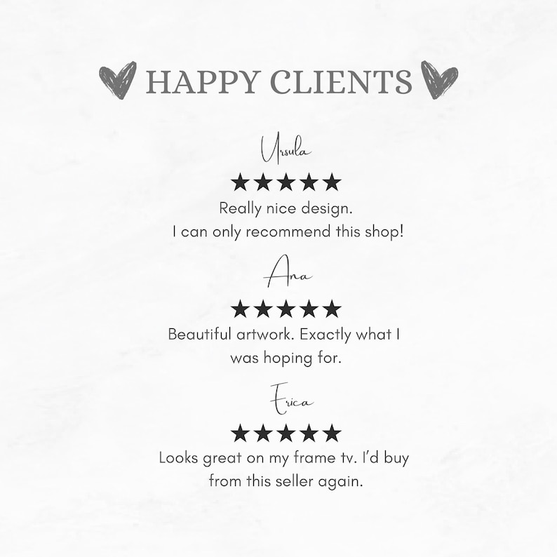 May include: A white background with black text that reads "HAPPY CLIENTS". Three customer reviews are displayed with five-star ratings and positive comments. The reviews are from Ursula, Ana, and trica.