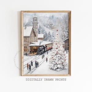 Vintage Christmas Train Station Printable Wall Art, Snowy Holiday Painting, Neutral Christmas Print, Festive Home Decor Instant Download