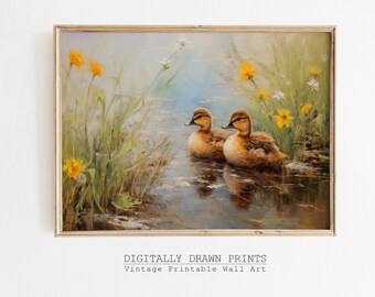 Ostern Entlein druckbare Wandkunst, niedliche Frühling Ente Druck, Ostern Bauernhaus Dekor, Frühling Vintage Ölgemälde, sofortiger Download