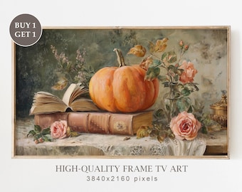 Neutral Autumn Frame TV Art, Muted Fall Still Life Painting, Pumpkin & Roses Vintage Painting, Cottagecore Fall Samsung TV Art Download