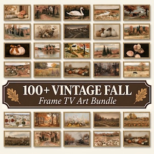 May include: A digital collection of over 100 landscape-oriented art prints featuring autumn scenes, including pumpkins, forests, swans, and rural houses, displayed in a grid with the text 100+ VINTAGE FALL Frame TV Art Bundle.