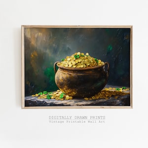 Stampa vintage di San Patrizio, vaso d'oro di San Patrizio pittura a olio, stampa di trifogli, arredamento di San Patrizio, pittura a olio antica, download digitale