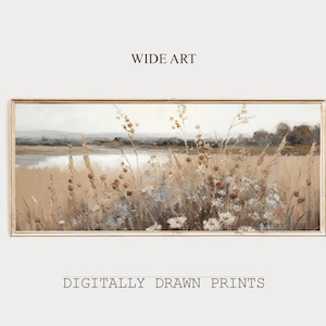 Long Landscape Painting, Wildflower Field Print, Vintage Panoramic Painting, Horizontal Art Print, Spring Art, Digital Wall Art Printable