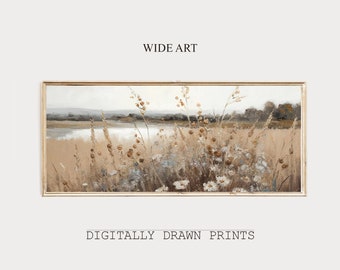 Long Landscape Painting, Wildflower Field Print, Vintage Panoramic Painting, Horizontal Art Print, Spring Art, Digital Wall Art Printable