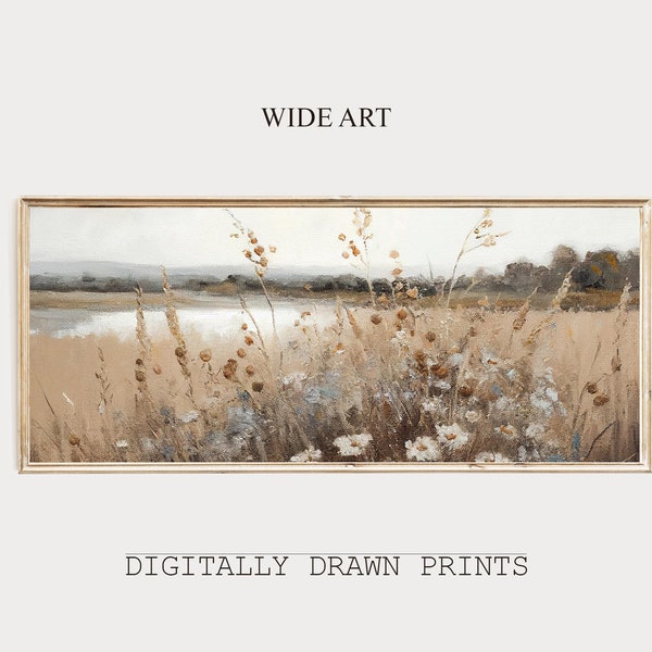 Long Landscape Painting, Wildflower Field Print, Vintage Panoramic Painting, Horizontal Art Print, Spring Art, Digital Wall Art Printable