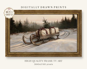 Christmas Sleigh Frame TV Art: Neutral Snowy Village Landscape Painting (Digital Download)
