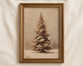 Vintage Christmas Tree Print: Snow Scene, Rustic Holiday Decor (Digital Download)