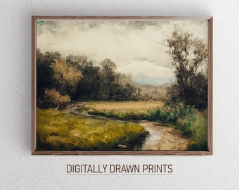 Printable Moody Country Landscape Painting, Vintage Wall Art, Art Digital Download