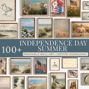 May include: A collection of framed vintage-style art prints with a summer and Independence Day theme. The prints feature landscapes, seascapes, and patriotic imagery, including American flags and floral arrangements. The text "INDEPENDENCE DAY SUMMER" is displayed.