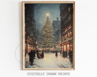 Moody Christmas Town Printable Wall Art, Snowy Winter Village Print, Winter Town Digital Art, Vintage Christmas Wall Decor Instant Download
