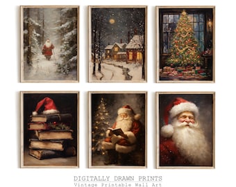 Vintage Christmas Wall Art Set of 6, Santa Claus Holiday Prints, Christmas Gallery Wall Art Set, Farmhouse Christmas Decor Printable Art Set