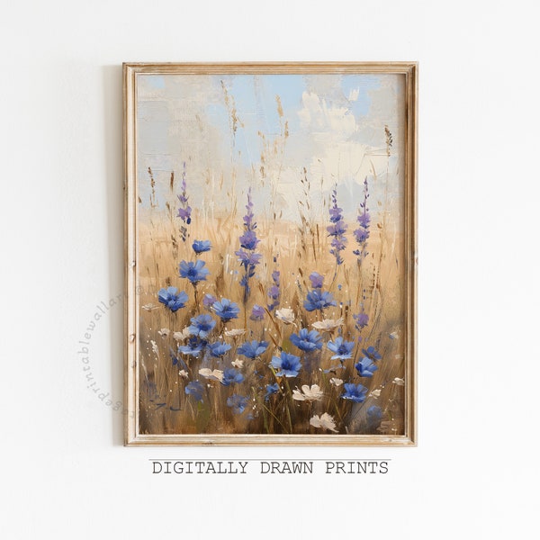 Printable Wildflower Field Landscape Oil Painting, Vintage Floral Farmhouse, Blue Wild Cornflowers Spring Neutral Wall Art Digital Print