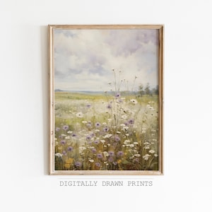 Spring Printable Wildflower Field Landscape, Vintage Painting, Spring Print, Farmhouse Print, Neutral Wall Art, Spring Art, Digital Download