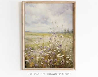 Frühling Druckbare Wildblumen Feld Landschaft, Vintage Malerei, Frühling Print, Bauernhaus Druck, neutrale Wandkunst, Frühlingskunst, digitaler Download