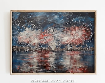 4th of July Patriotic Fireworks Art Print, 4th of July Art, Forth of July Independence Day Printable, Americana Decor, Digital Download