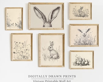 Afdrukbare neutrale lenteafdrukken, galerijset van 7 lente kunst aan de muur schetsen, paashaastekeningen, paasafdrukken, decoratie paasboerderij