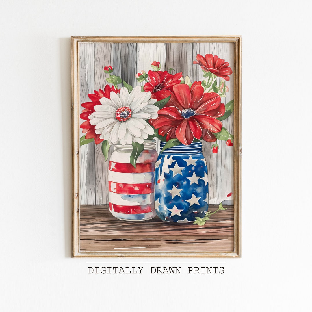 4th of July Printable Wall Art, Watercolor Floral Forth of July Wall ...