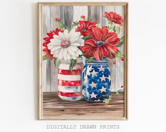4th of July Printable Wall Art, Watercolor Floral Forth of July Wall Art Print, Patriotic Independence Day Printable, Americana Home Decor