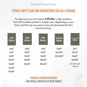 May include: An informational graphic titled Digitally Drawn Prints detailing that art can be printed in 20+ sizes. It lists five JPG files with specific aspect ratios including 2x3, 3x4, 4x5, 11x14, and International, with corresponding dimensions in inches.