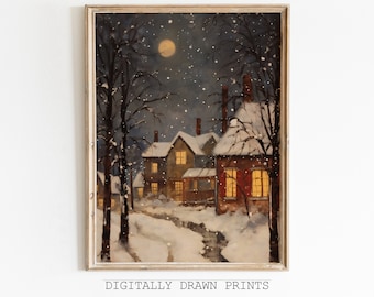 Vintage Christmas Wall Art, Winter Village Landscape Painting, Christmas Night Village Art, Seasonal Christmas Decor, Farmhouse Christmas