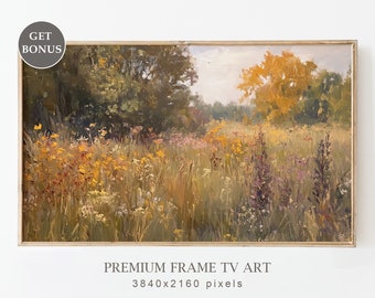 Autumn Wildflower Meadow Frame TV Art, Fall Landscape Field Painting, Rustic Thanksgiving Wall Decor,  Autumn Wildflowers Digital Download