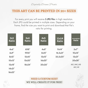 May include: A chart showing different sizes and ratios for printing digital art. The chart includes sizes in inches and international paper sizes. The text reads "This art can be printed in 20+ sizes" and "Need a custom size? We will create it for free!"