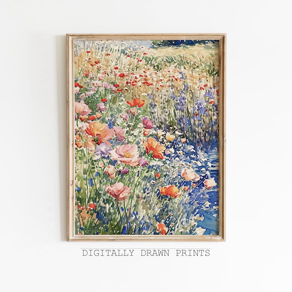 Printable Wildflowers Landscape Wall Art, Farmhouse Spring Print, Flowers Meadow, Aesthetic Decor, Digital Download