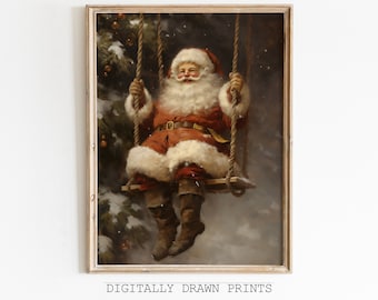 Swinging Santa Christmas Decor, Christmas Printable Wall Art, Vintage Christmas Decor, Christmas Wall Farmhouse Decor, Digital Download