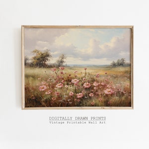 Printable Wildflower Field Landscape Vintage Oil Painting, Moody Spring Print, Farmhouse Print, Neutral Spring Wall Art, Digital Download