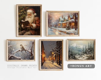 Conjunto de parede de galeria de Natal com 5 arte de parede de Natal vintage para impressão, pacote de pintura a óleo rústica de Natal, arte de férias de inverno, impressões digitais