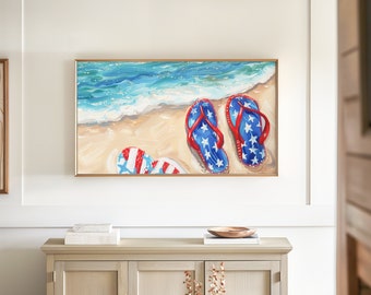 Patriotic Beach Flip Flops Frame TV Art 4th of July Coastal Oil