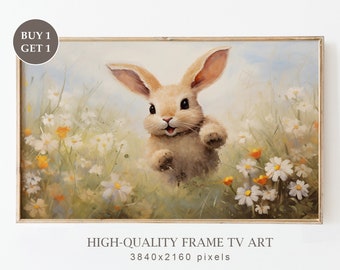 Spring Bunny Samsung Frame TV Art, Easter Rabbit Bunny in a Wildflowers Field Oil Painting, Farmhouse Decor, Nursery Art, Digital Download