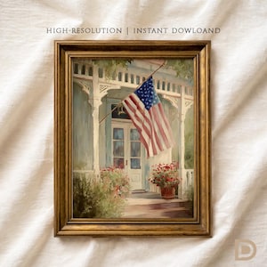 May include: A framed painting depicts a porch with an American flag hanging from the roof. The painting has a gold frame and features a white door, red flowers, and the text "HIGH-RESOLUTION | INSTANT DOWLOAND".