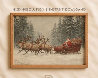 Puede incluir: Una impresión enmarcada de Papá Noel en un trineo rojo tirado por renos a través de un bosque nevado. La impresión tiene una estética vintage, con el texto "HIGH-RESOLUTION | INSTANT DOWLOAND" en la parte superior.